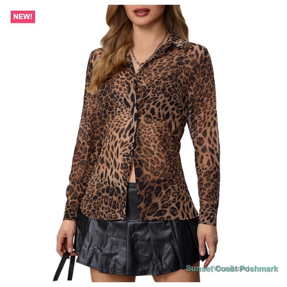 Sheer Mesh Leopard Print Button Down Chiffon Blou… - image 1
